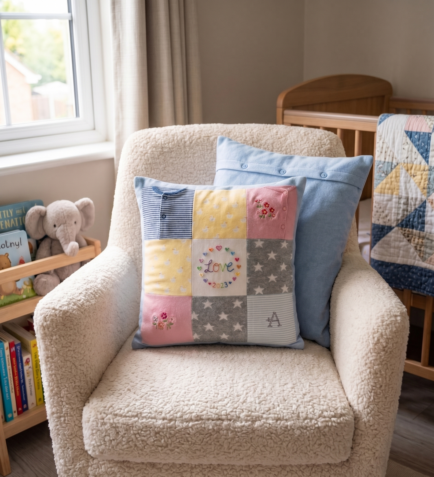 Colorful patchwork pillow with stars and flowers on a beige armchair in a nursery.