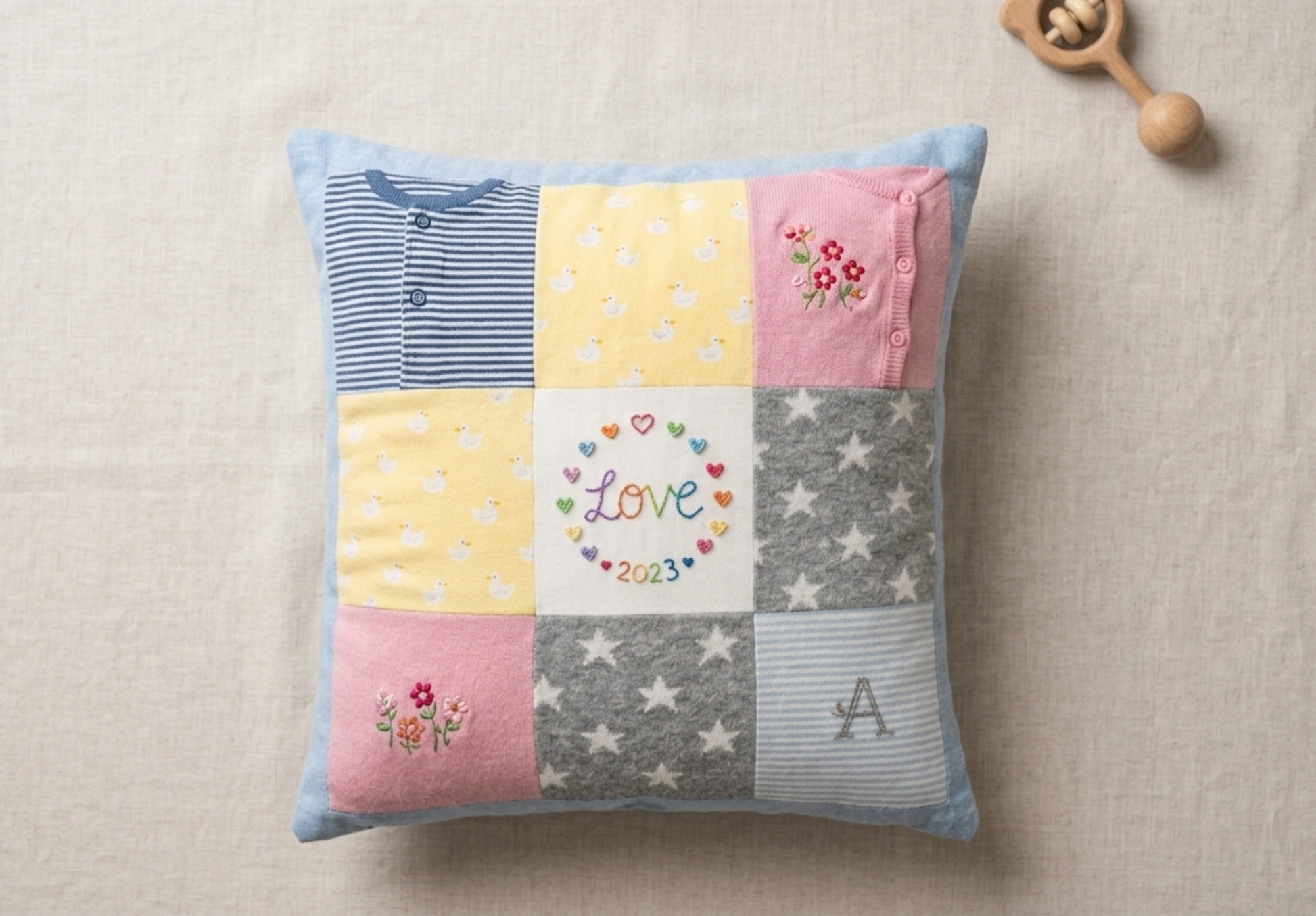 Patchwork memory cushion with colourful squares and embroidered designs on a beige background